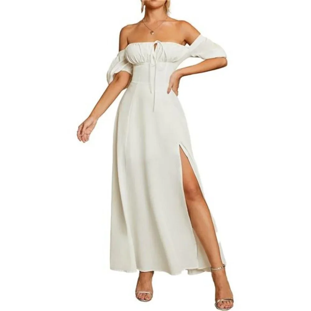 Women's Puff Sleeve Floral Maxi Dress - Backless, Off Shoulder, High Waist - Picture 2 of 5